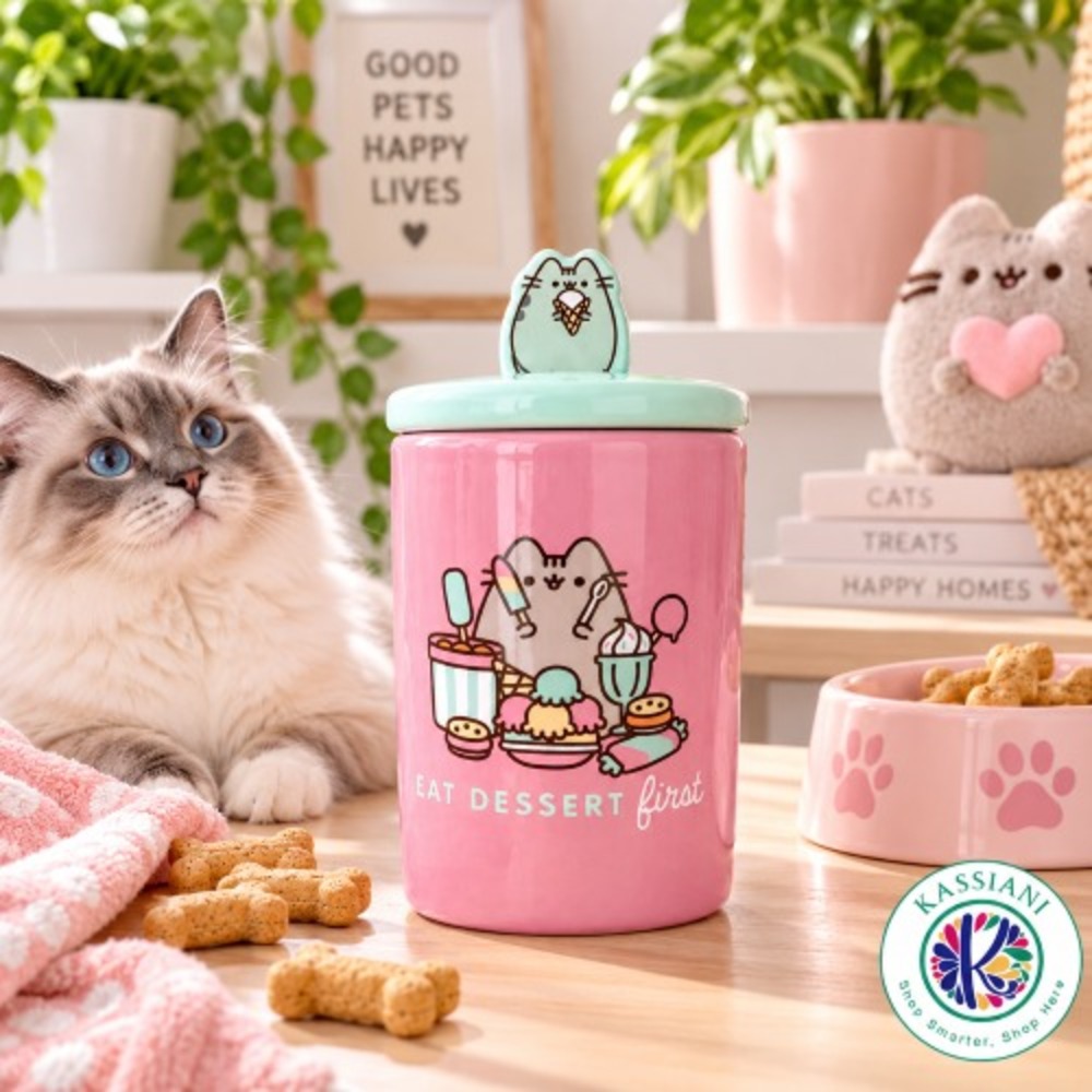 Pusheen Cat/Pet Treat Jar Pink Ceramic Canister with Lid 24 oz Eat Dessert First